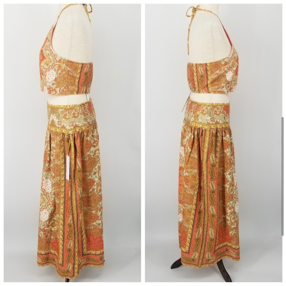 House of Harlow 1960 Linen Blend Halter Maxi Skirt Set Small Orange Print NWT